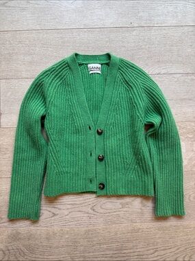 Ganni Green Ribbed V-Neck Button Cardigan